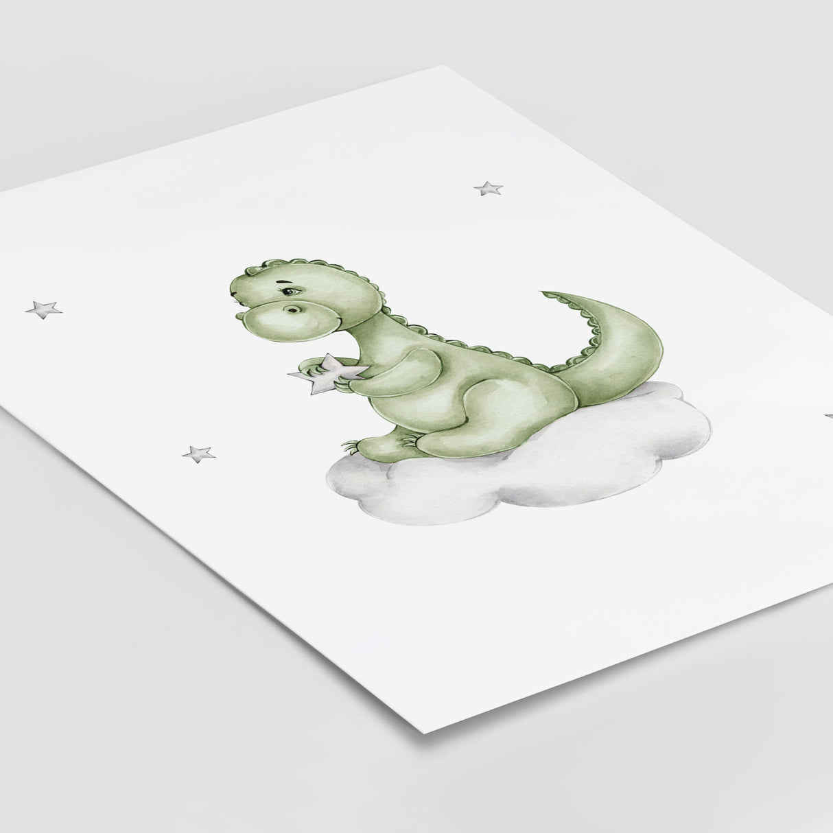 Watercolor dinosaur on the cloud print in green and gray colors for toddler room decor, baby boys room decor.