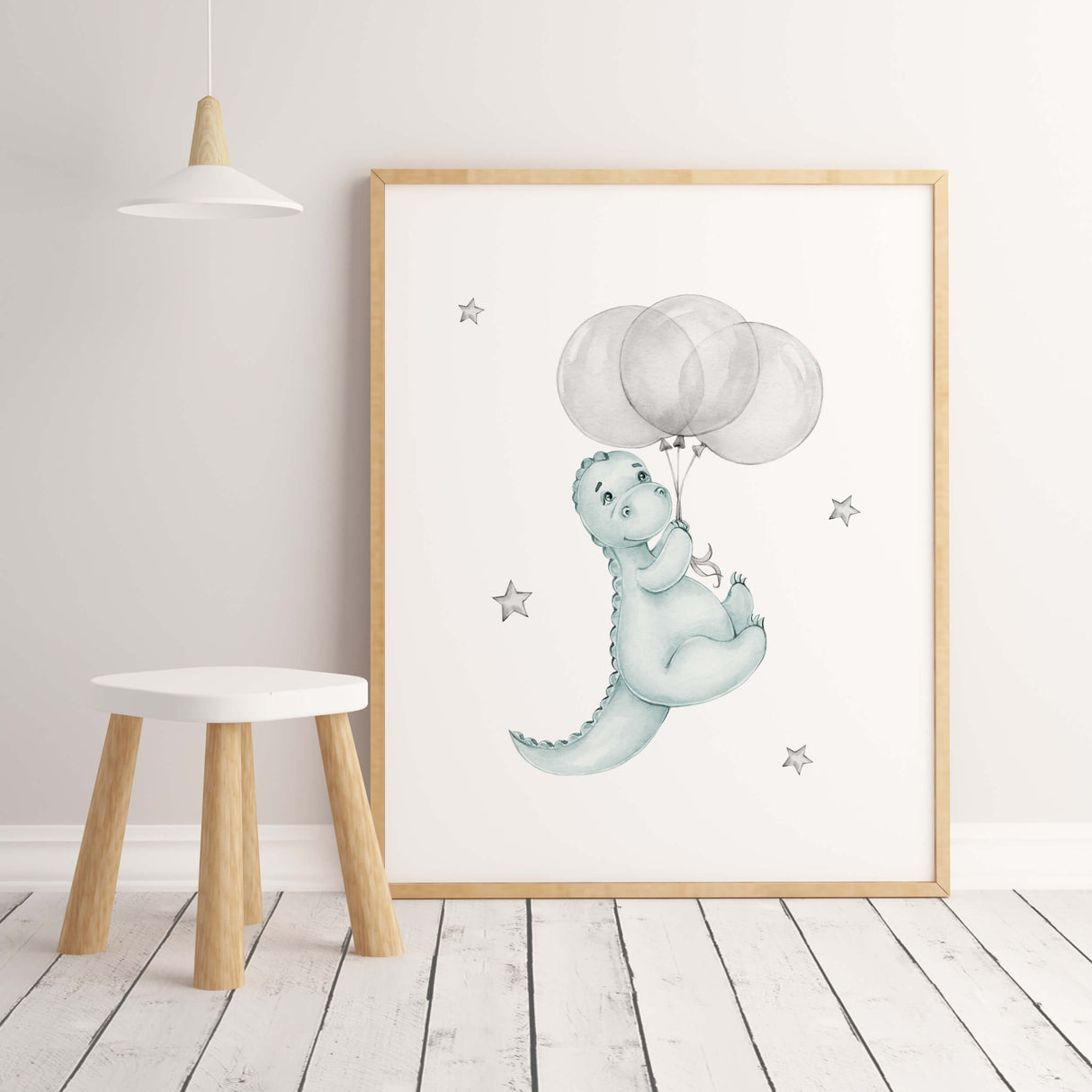 Watercolor dinosaur with balloon in mint and gray colors print for toddler room decor, baby boys room decor.