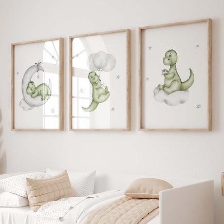 Set of 3 dinosaur print in green and gray colors for toddler room decor, baby boys room decor.