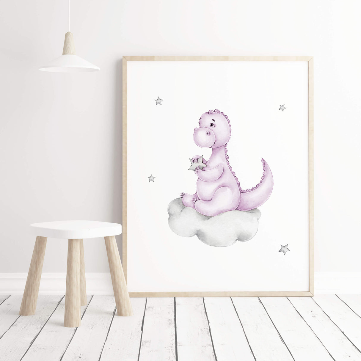 Watercolor dinosaur on a cloud in purple, lilac, gray print for baby girls room decor, purple gray nursery decor, lilac gray nursery decor.