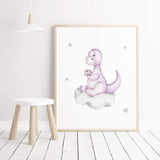 Watercolor dinosaur on a cloud in purple, lilac, gray print for baby girls room decor, purple gray nursery decor, lilac gray nursery decor.