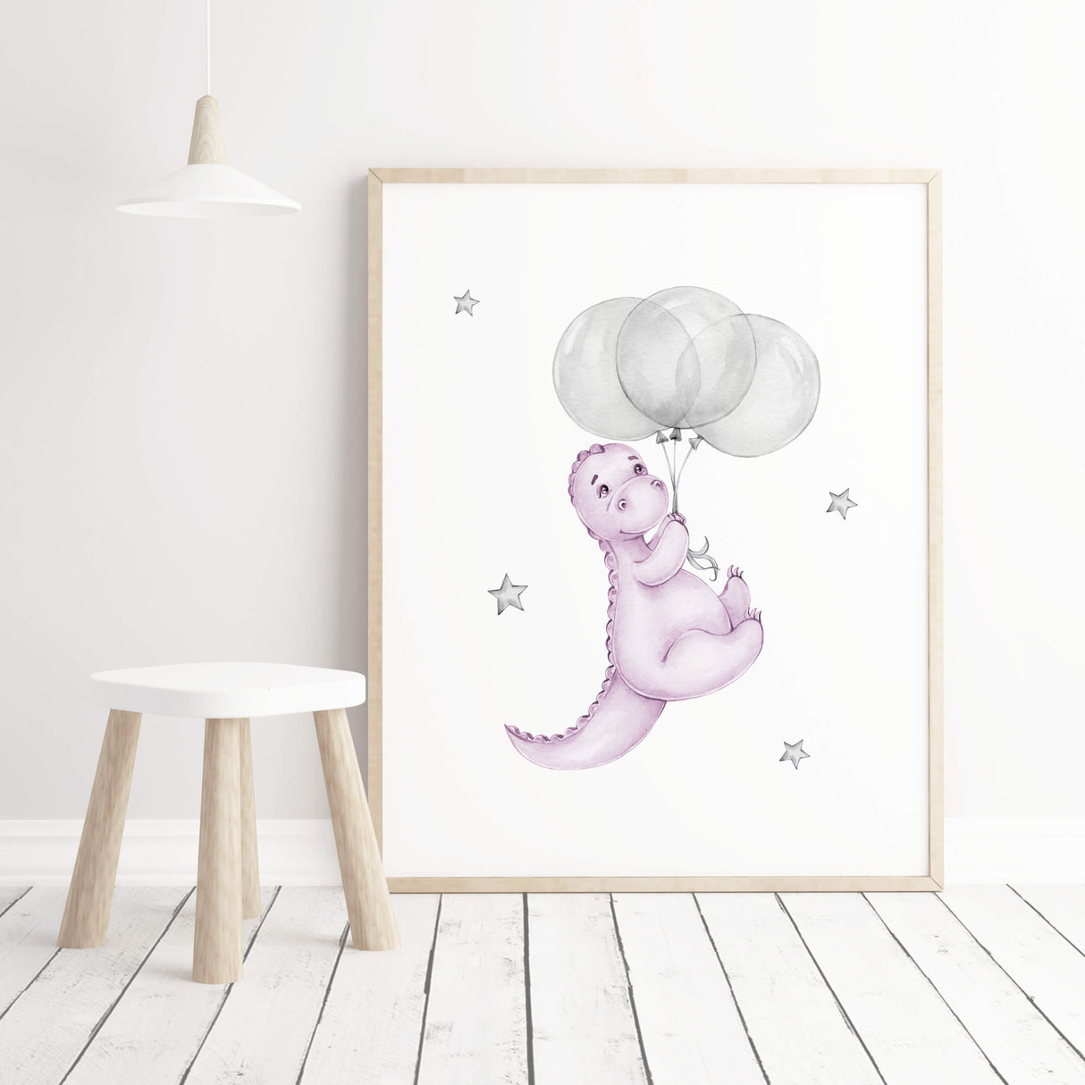 Watercolor dinosaur with balloon in purple, lilac, gray print for baby girls room decor, purple gray nursery decor, lilac gray nursery decor.