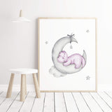 Watercolor dinosaur on the moon in purple, lilac, gray print for baby girls room decor, purple gray nursery decor, lilac gray nursery decor.