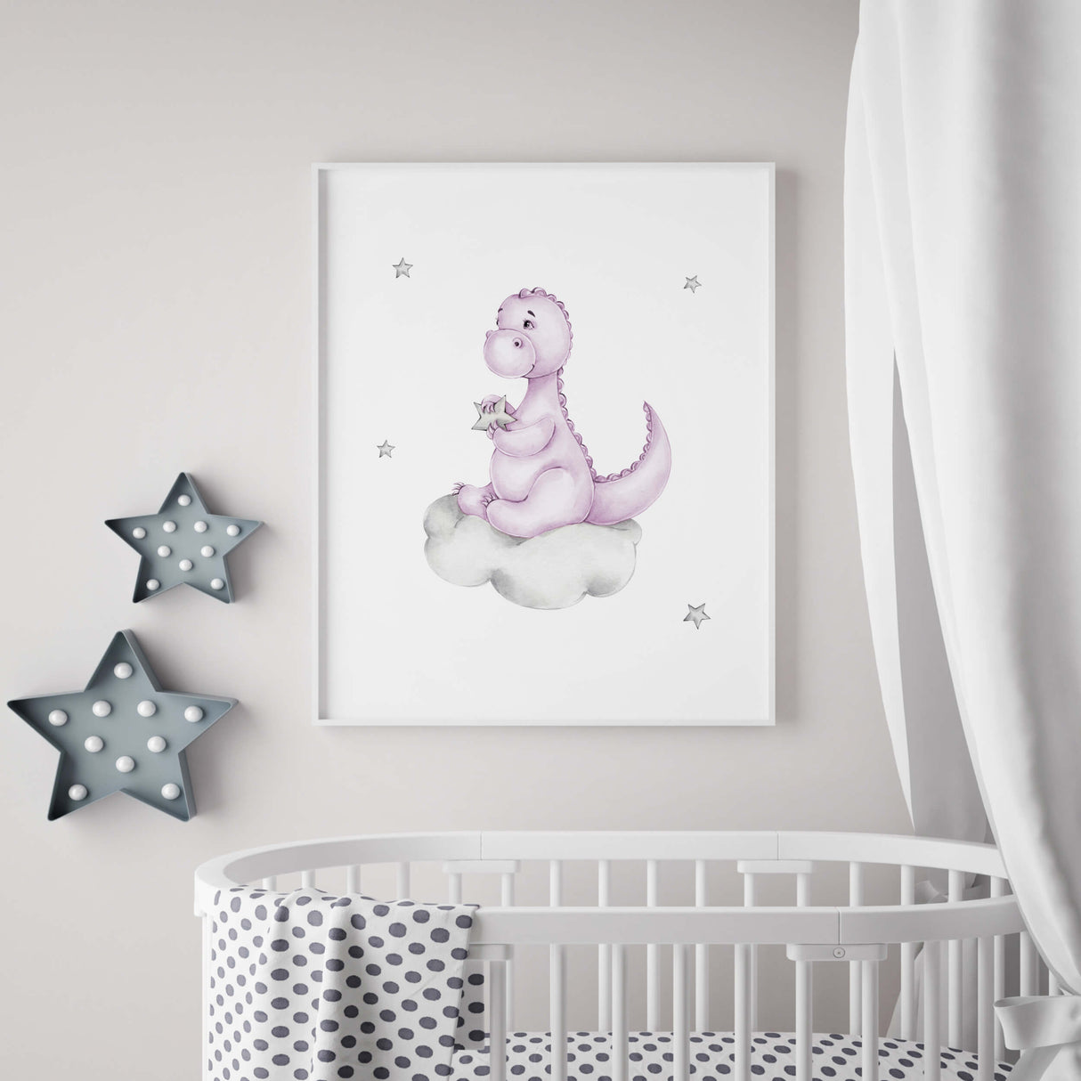 Watercolor dinosaur on a cloud in purple, lilac, gray printable for baby girls room decor, purple gray nursery decor, lilac gray nursery decor.