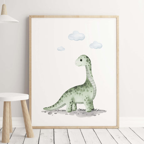 Watercolor dinosaur print with sage green color for toddler room decor.