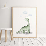 Watercolor green dinosaur print for little boy room decor.