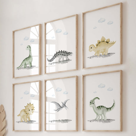 Set of 6 dinosaur print for neutral nursery decor, boys room decor and girls room wall decor.