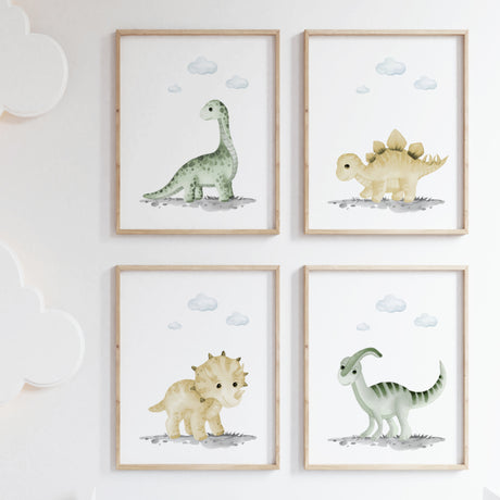 Set of 4 baby dinosaur print for neutral nursery ideas and decor.