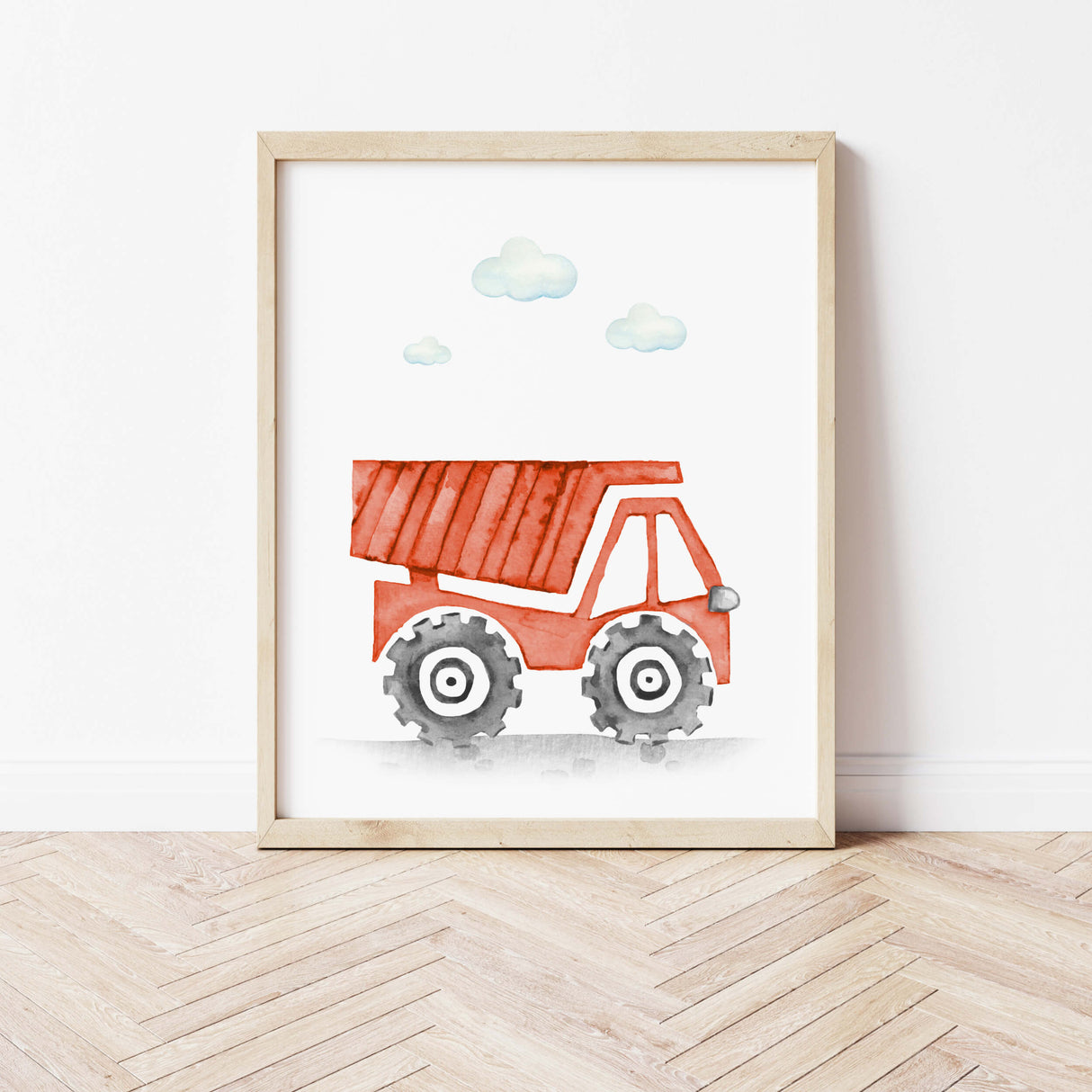 Watercolor colorful construction vehicle print with dump truck for toddler room decor, baby boys room decor, nursery room decor.