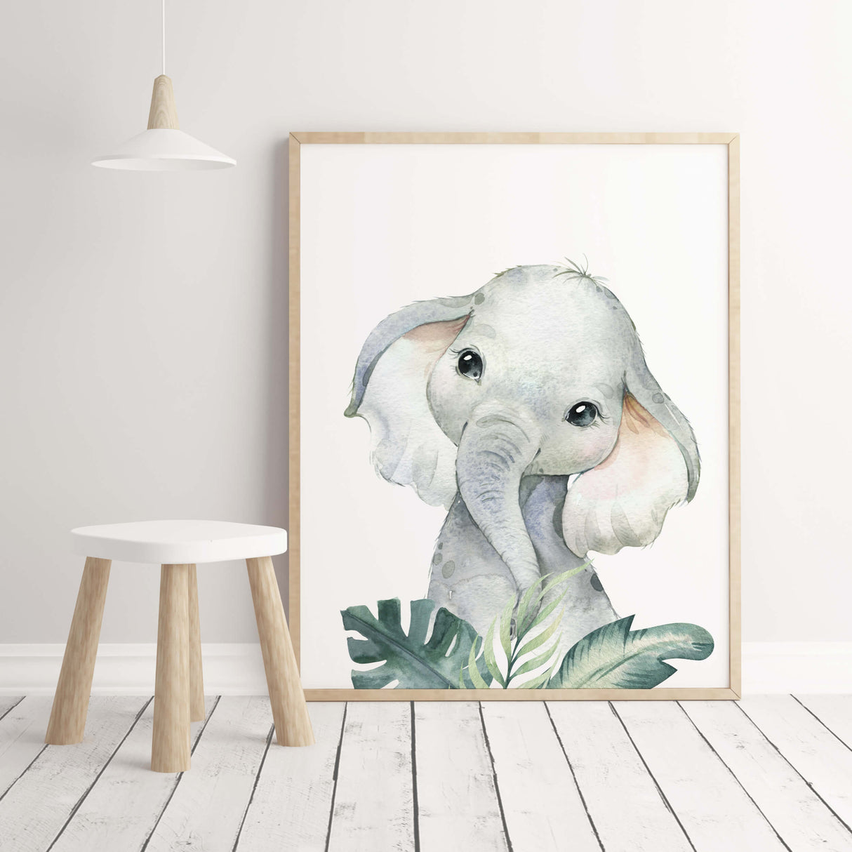 Watercolor elephant print with leaves for gender neutral nursery decor, baby boys room decor, girls room decor, boho room decor.