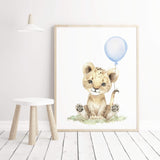 Watercolor lion print with light blue balloon for  toddler room decor, baby boys room decor, toddler room decor, boho room decor