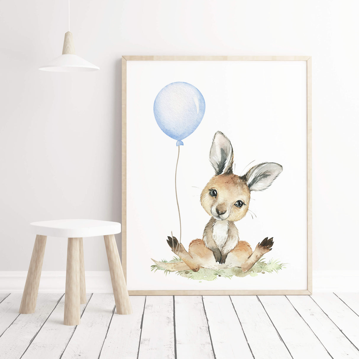 Watercolor kangaroo print with light blue balloon for  toddler room decor, baby boys room decor, toddler room decor, boho room decor