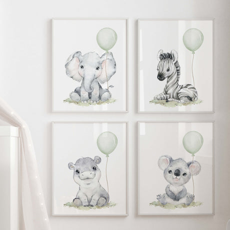 Watercolor safari animal print with sage green balloon in sage green, gray colors for gender neutral nursery decor, toddler room decor, baby boys room decor, girls room decor, boho room decor, animals:  elephant, zebra, , koala, hippo