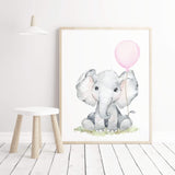 Watercolor elephant print with pink balloon for  baby girls room decor