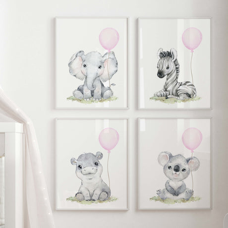 Watercolor safari animal printable with pink balloon for  baby girls room decor and pink, gray nursery decor, animals: elephant, zebra, hippo, koala.