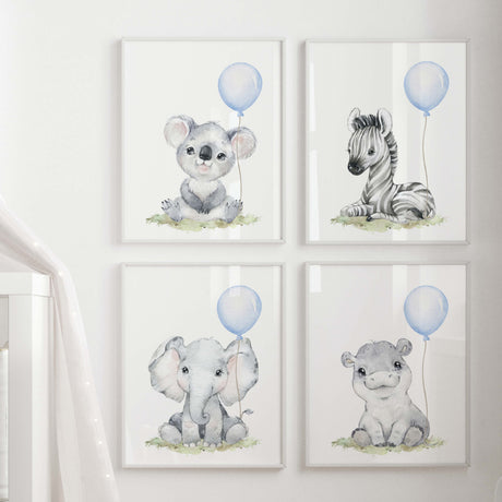 Watercolor safari animal printable with light blue balloon for  toddler room decor, baby boys room decor, toddler room decor, boho room decor, animals: koala, zebra, elephant, hippo