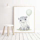 Watercolor hippo print with sage green balloon for gender neutral nursery decor, toddler room decor, baby boys room decor, girls room decor, boho room decor