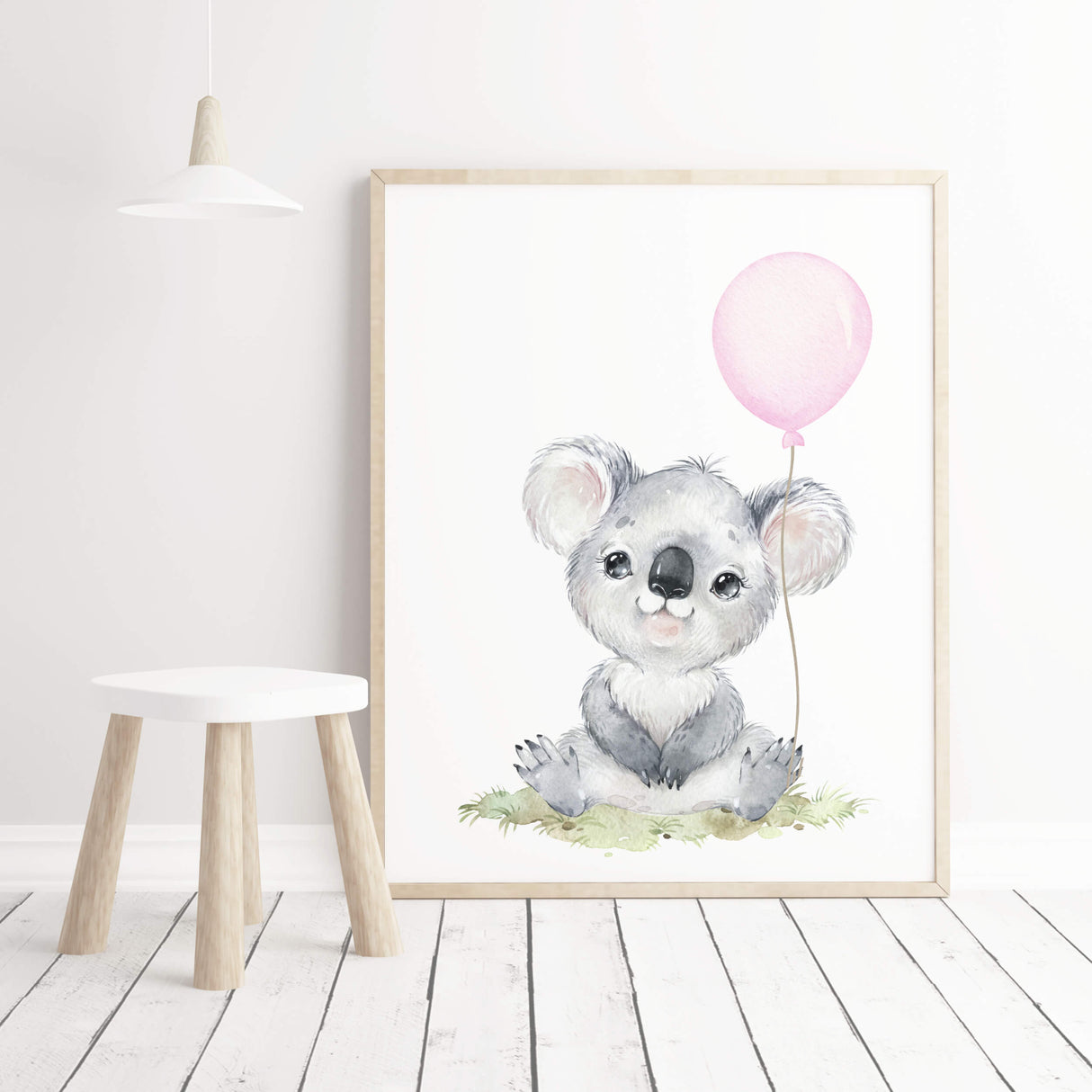 Watercolor koala print with pink balloon for  baby girls room decor