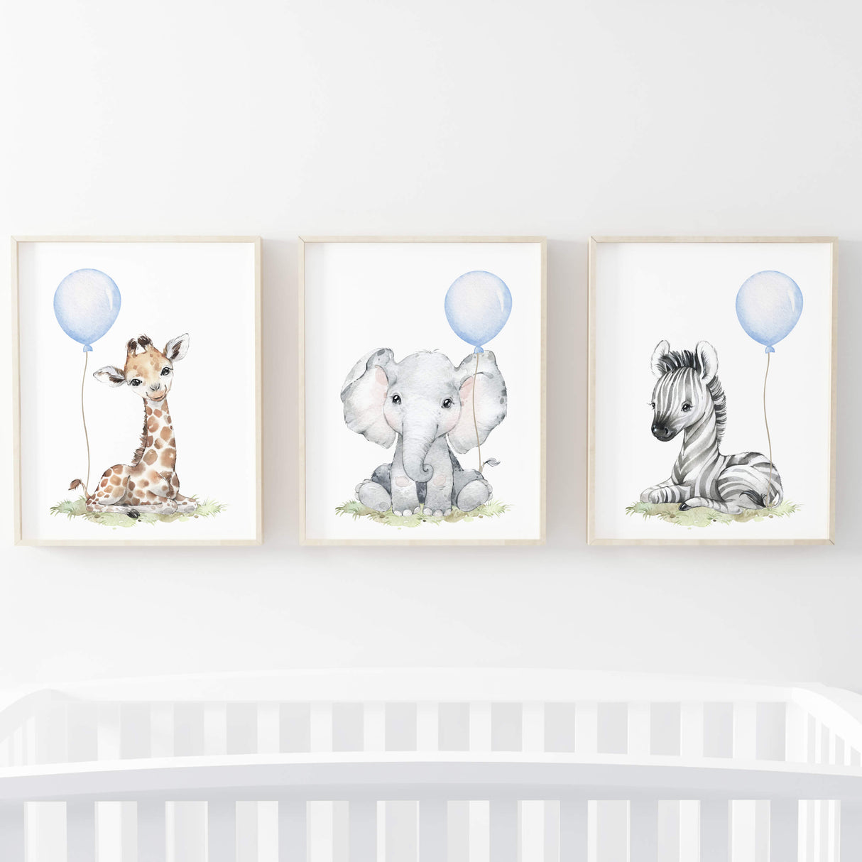 Watercolor safari animal printable with light blue balloon for  toddler room decor, baby boys room decor, toddler room decor, boho room decor, animals: giraffe, elephant, zebra.