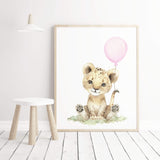 Watercolor lion print with pink balloon for  baby girls room decor