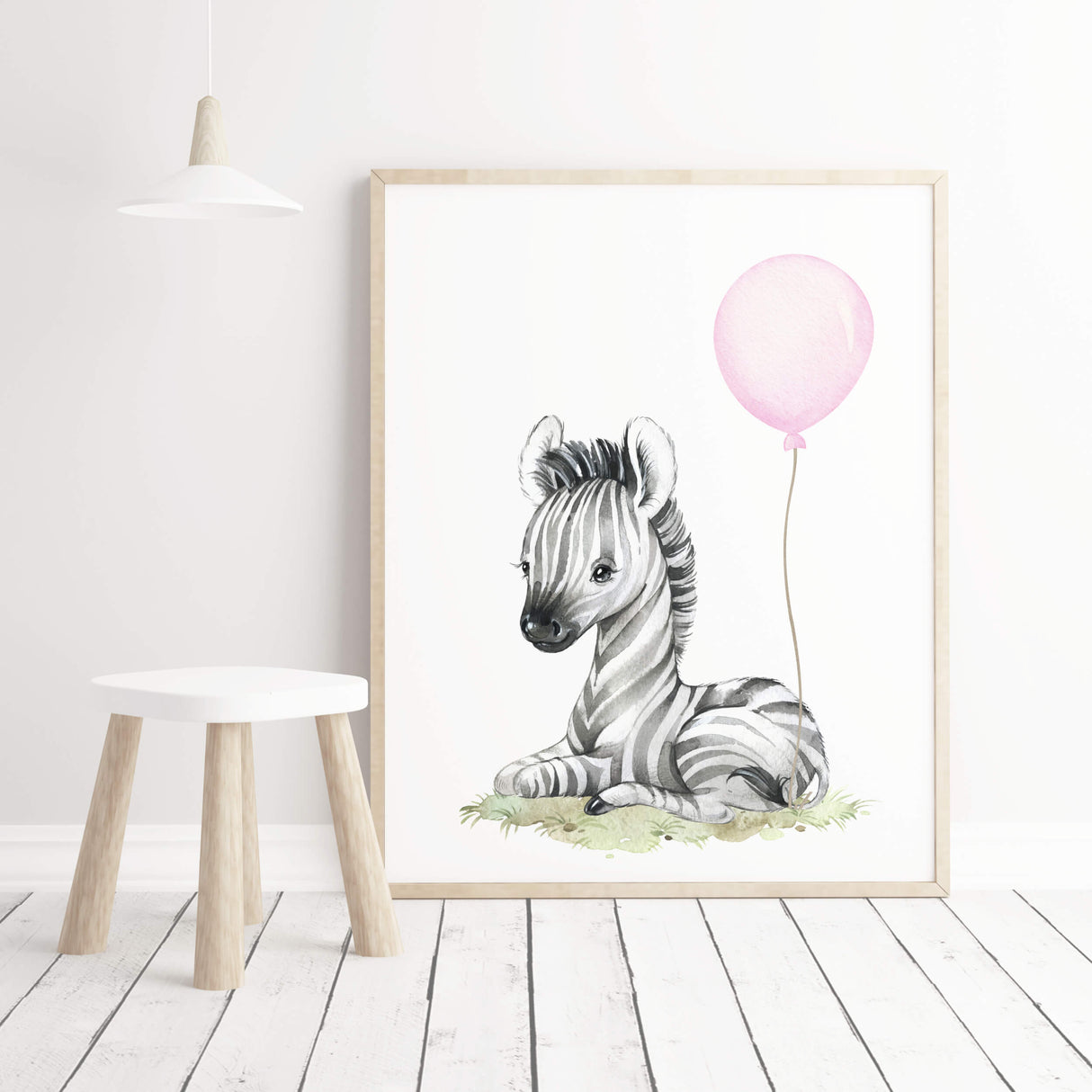 Watercolor zebra print with pink balloon for  baby girls room decor