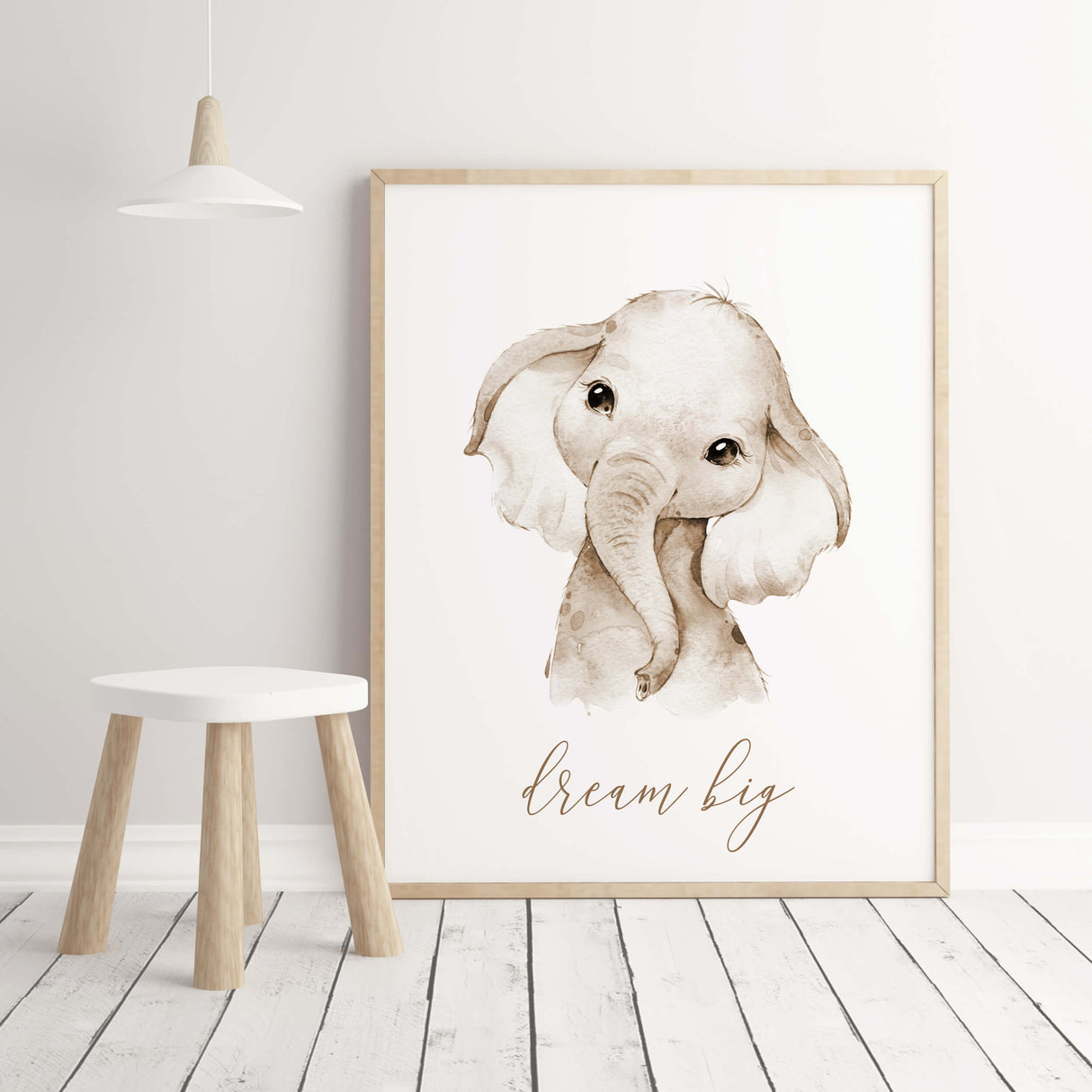 Watercolor elephant print with dream big inspirational quote in brown, beige colors for gender neutral nursery decor, boho nursery decor.