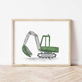 Watercolor construction vehicle print with digger in hunter green colors for toddler room decor, baby boys room decor and kids room decor.