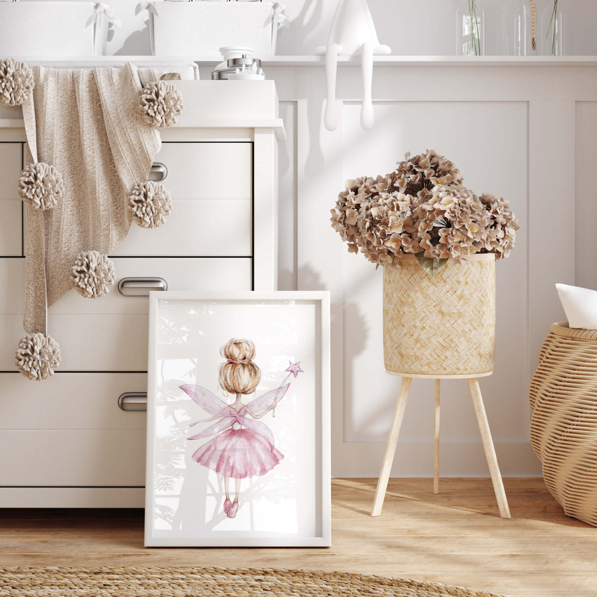 Watercolor pink fairy ballerina print for neutral nursery decor.