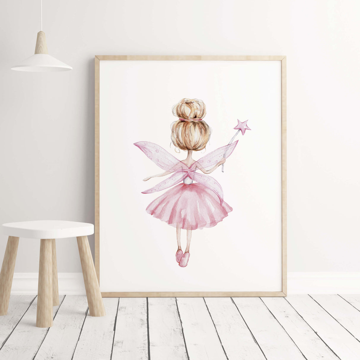 Watercolor fairy ballerina print for pink nursery decor and white girls room decor.