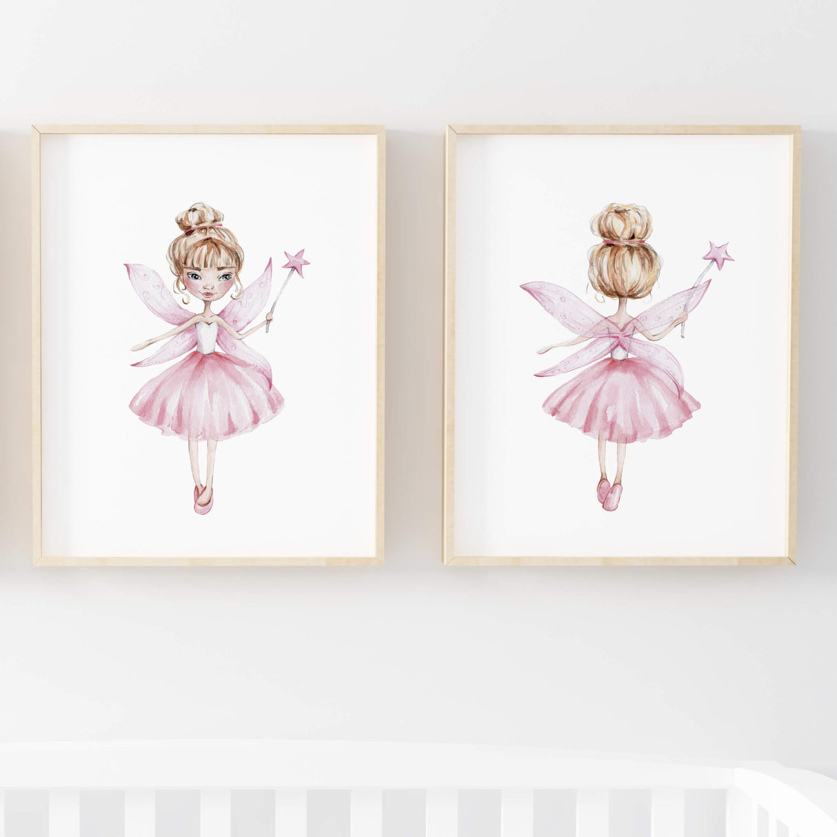 Set of 2 watercolor pink fairy printable for girls room decor.