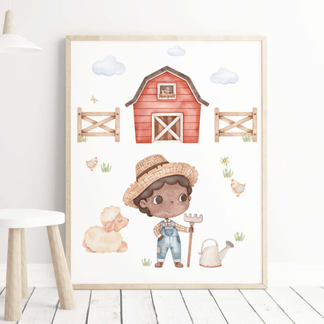 Watercolor farm print with farm boy for boys nursery decor.