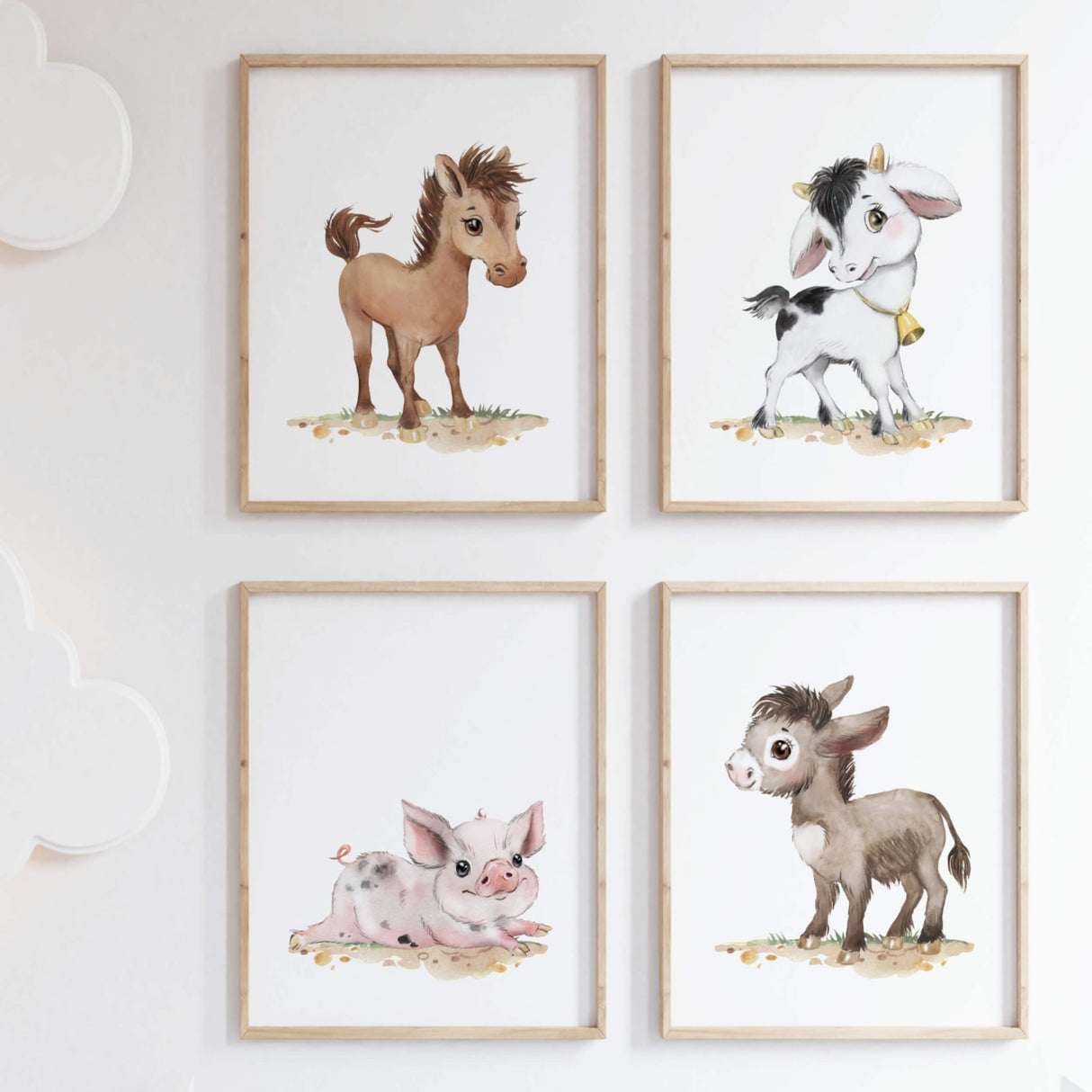 Set of 4 watercolor farm animals print with horse, pig, donkey, cow for gender neutral nursery decor.