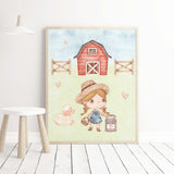 Set of 3 watercolor farm print with blonde hair girl, sheep, tractor,horse, duck and cow for baby girls room decor.