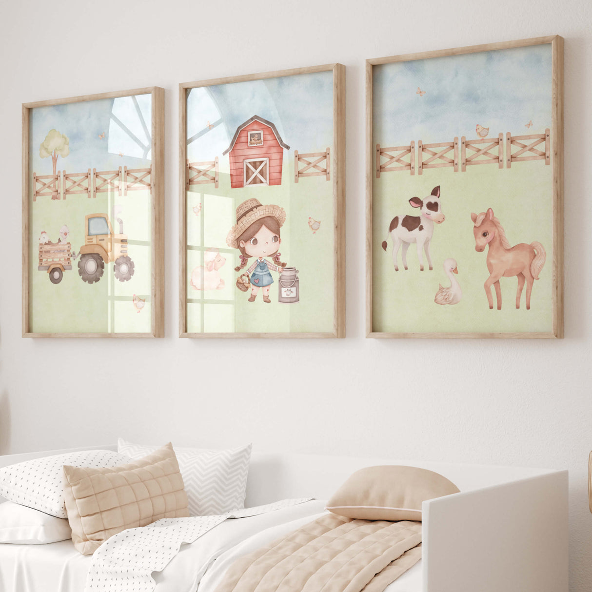 Set of 3 watercolor farm print for girls nursery decor.