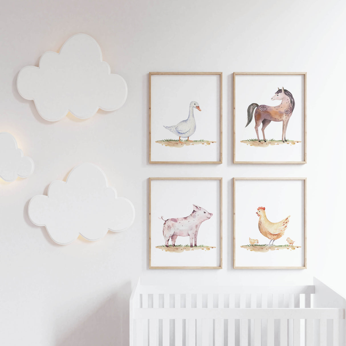 Set of 4 watercolor farm print with farm animals for farm kids room decor.