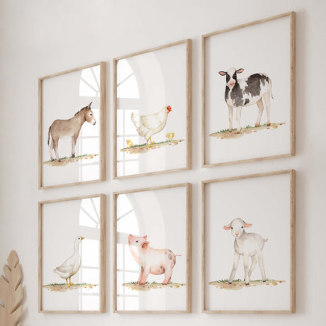 Set of 6 watercolor farm animals poster with horse, chicken, cow, pig, goose and sheep for neutral nursery ideas and decor.