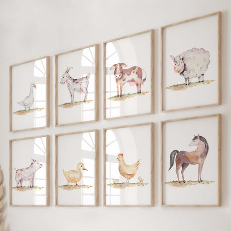 Watercolor farm print with farm animals for neutral nursery decor.