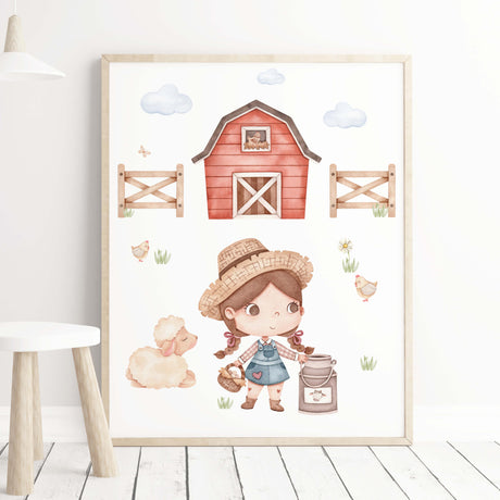 Watercolor farm nursery print with farm girl for neutral nursery decor.