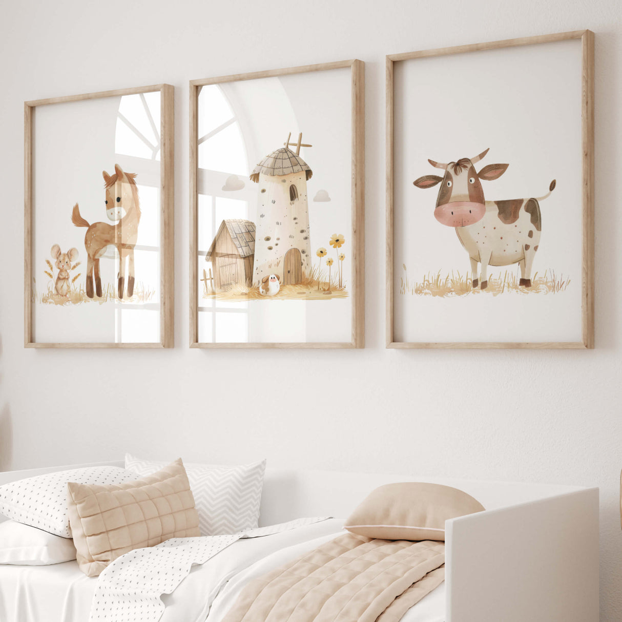 Set of 3 brown nursery wall decor with farm animal for neutral kids room decor, boys room decor, toddler room decor and girls room decor.