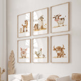 Set of 6 watercolor farm animal poster with beige and brown colors for kids room neutral  decor.