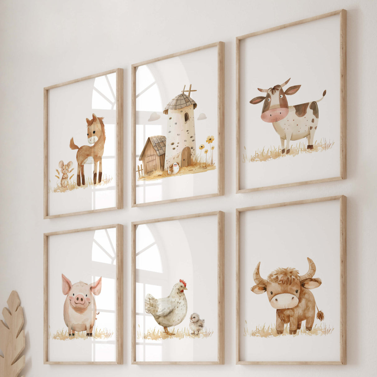 Set of 6 watercolor farm print with beige and brown colors for neutral nursery decor.