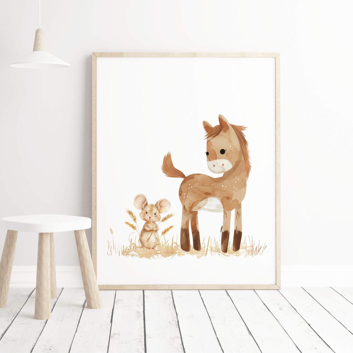 Watercolor beige horse and mouse print for nursery wall decor.