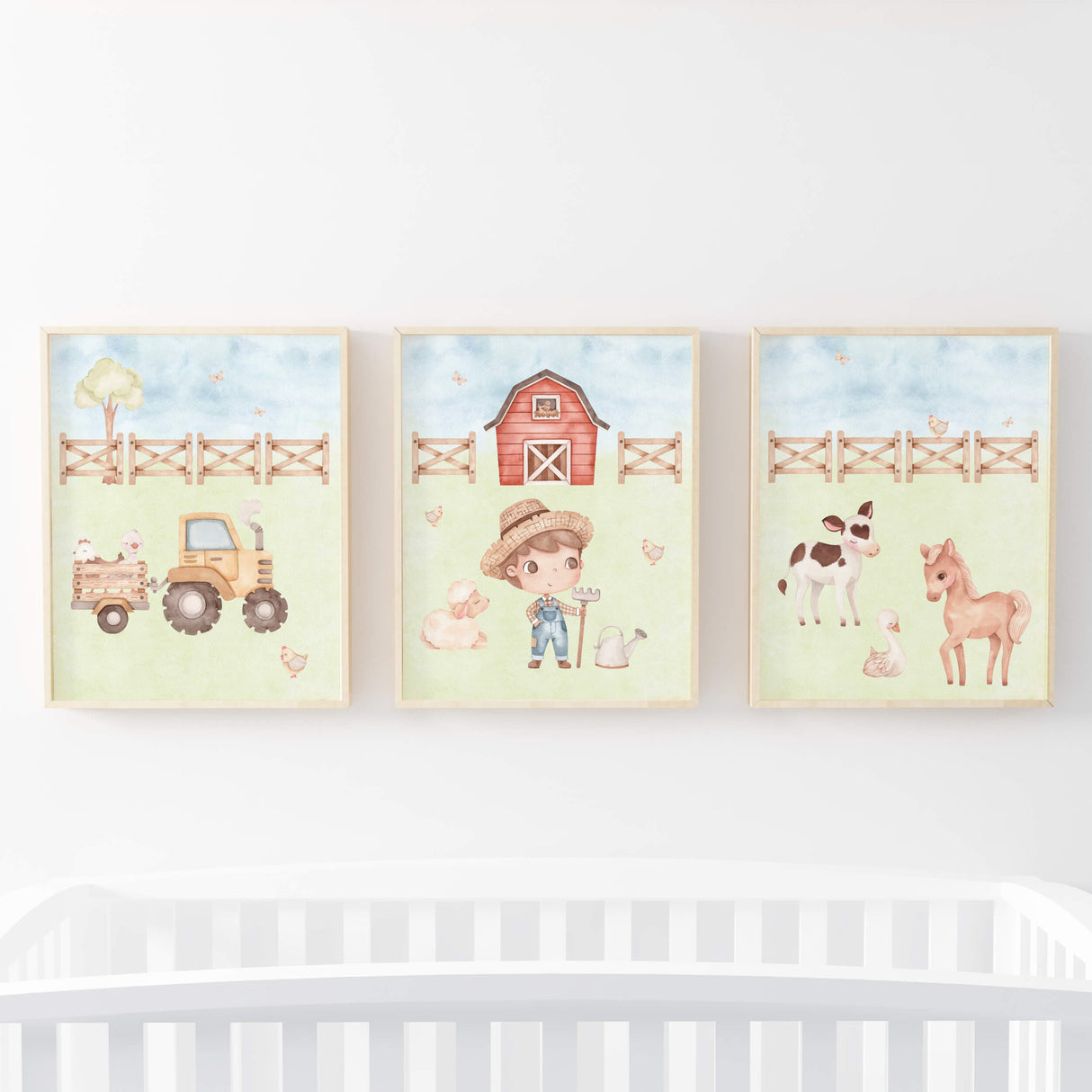 Set of 3 watercolor farm print with boys,sheep, tractor,horse, duck, rake and cow for toddler room decor.