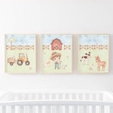 Set of 3 watercolor farm print with boys,sheep, tractor,horse, duck, rake and cow for toddler room decor.