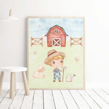 Set of 3 watercolor farm print with blonde hair boy, sheep, tractor,horse, duck and cow for toddler room decor.