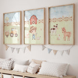 Set of 3 watercolor farm print for boys nursery decor.