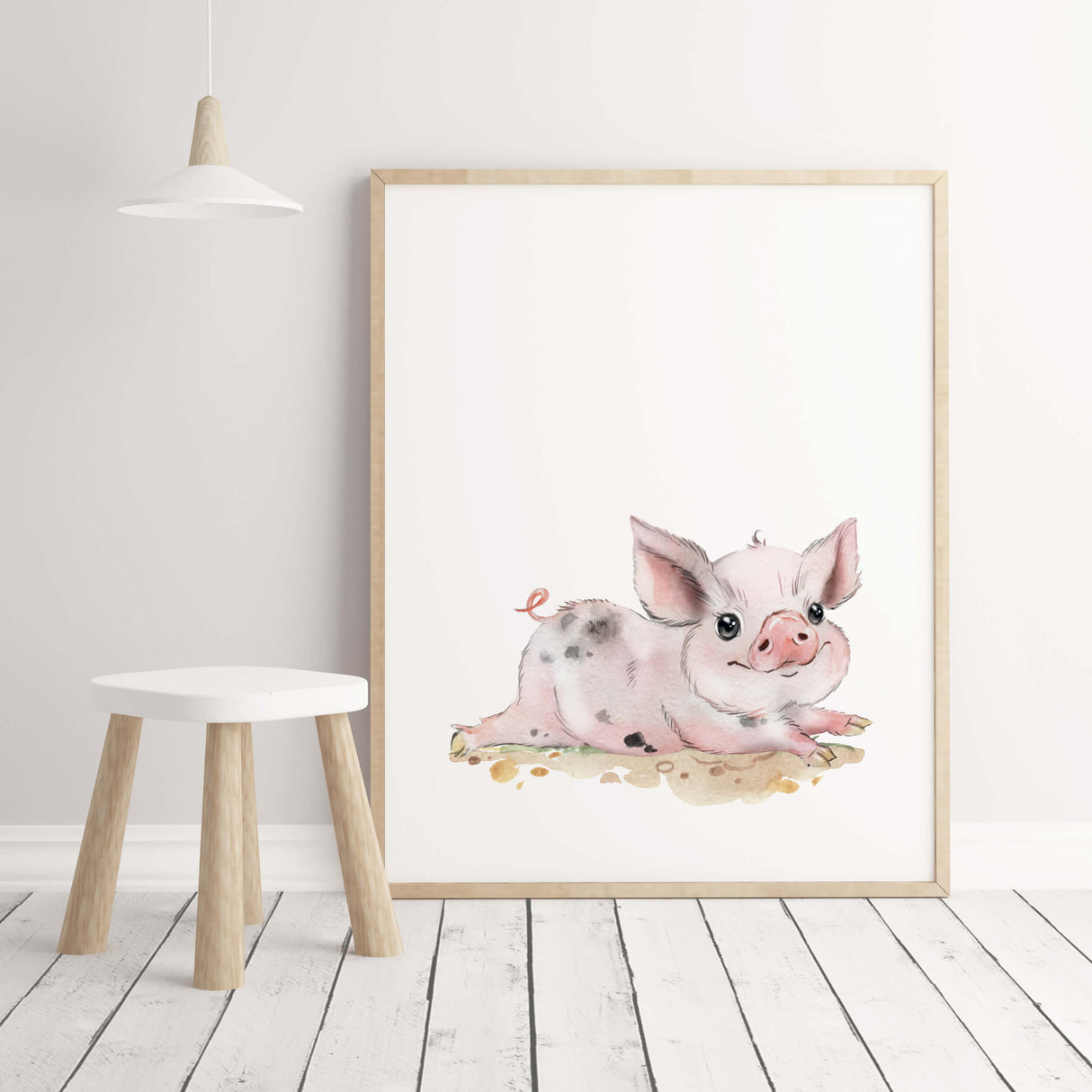 Watercolor farm animals print with pig for farm nursery decor.