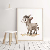 Watercolor farm animals poster with donkey for farm nursery decor.