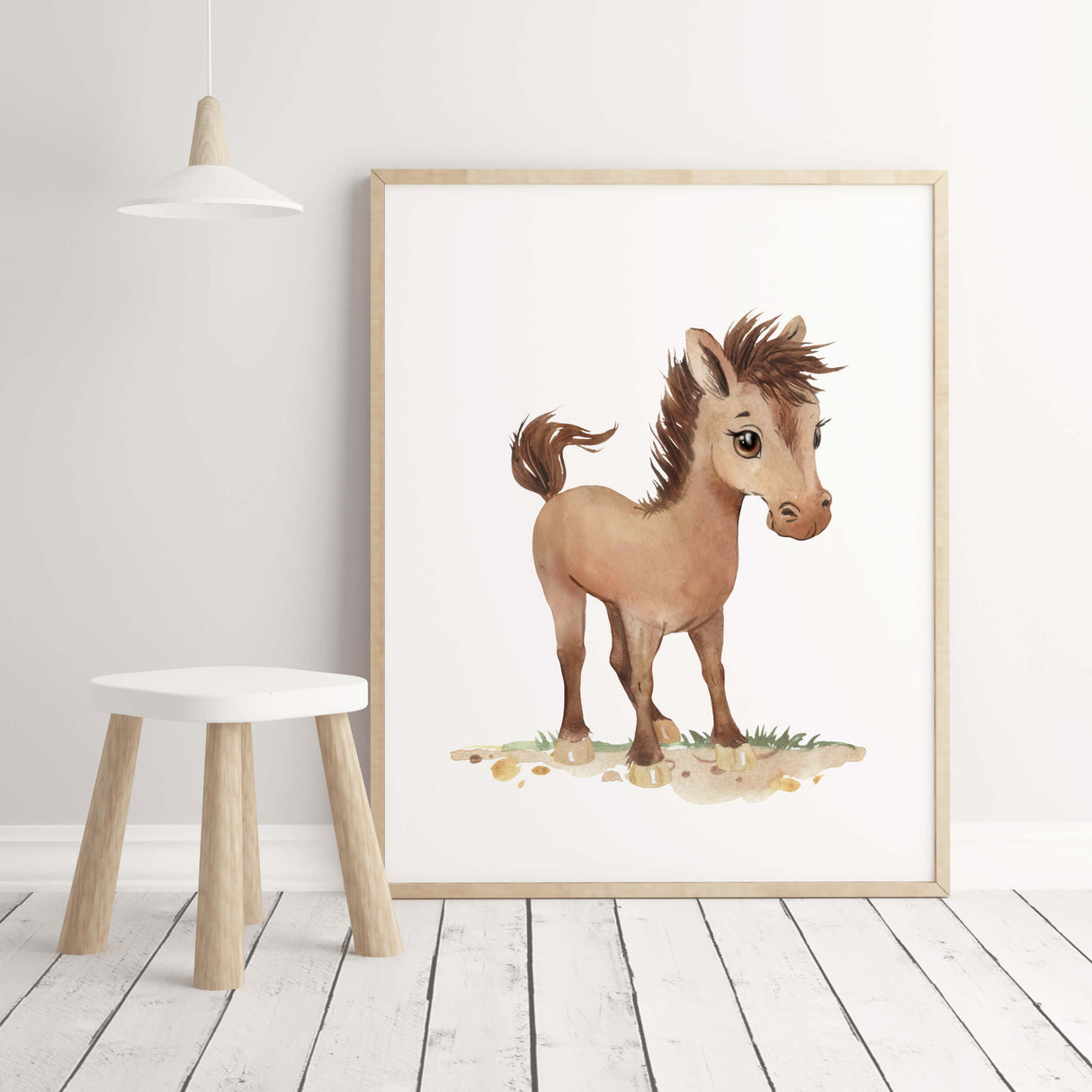 Watercolor farm animals print with horse, for farm nursery decor.