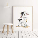 Watercolor farm animals printable with cow for farm nursery decor.